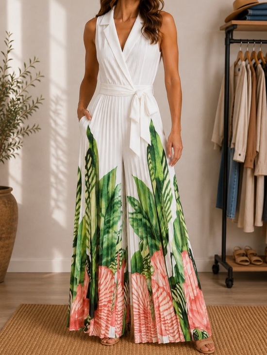 Pants - Sleeveless White Tropical-Print Jumpsuit with Tie Waist
